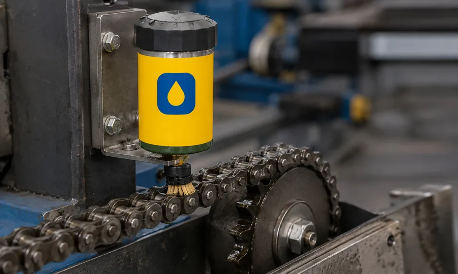 Automatischer Schmierstoffgeber mit Bürste bringt Öl auf eine laufende Kette auf