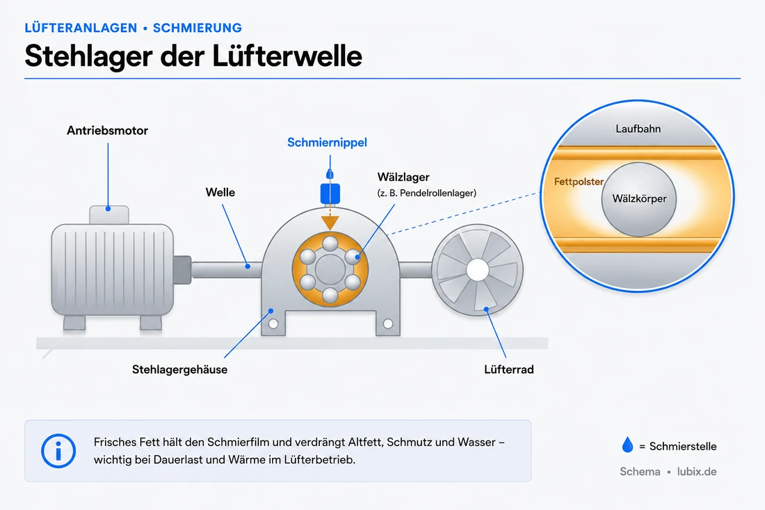 Lüfterwelle zwischen Antriebsmotor und Lüfterrad, gelagert im Stehlager mit Fettpolster und Schmierstoffgeber