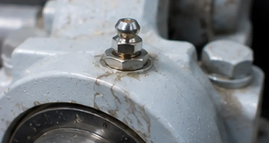 Automatischer Schmierstoffgeber am Spindellager einer Ringspinnmaschine mit sichtbarem Faserflug